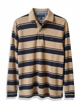 Tommy Hilfiger Long Sleeve Polo in Beige and Navy Stripes